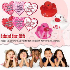 Classroom valentines exchange scene with Aviski ducks and cards.