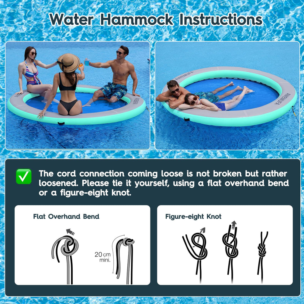 AWEMUFA 8inch thick inflatable hammock provides stable lounging on water.