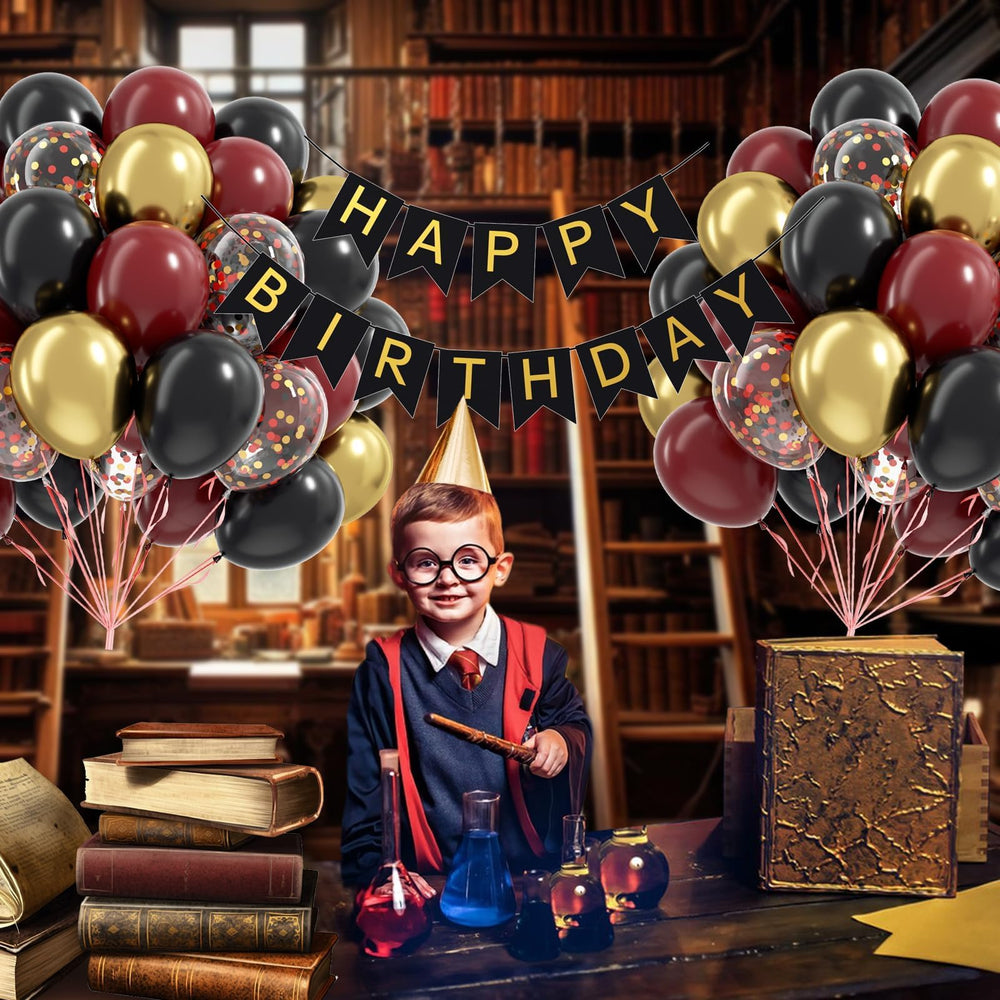 Awenztech black-red-gold confetti balloons create festive focal points.