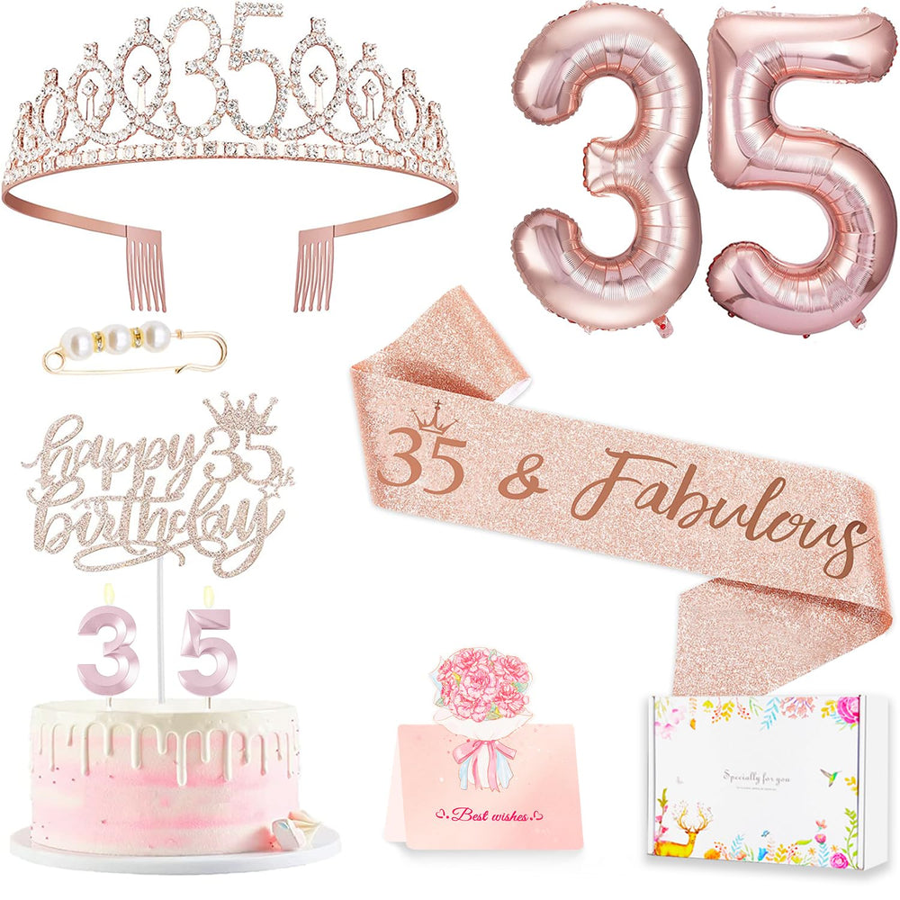 Awfrky 35th birthday crown in rose gold with rhinestones for a glamorous look.
