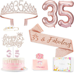 Awfrky 35th birthday crown in rose gold with rhinestones for a glamorous look.
