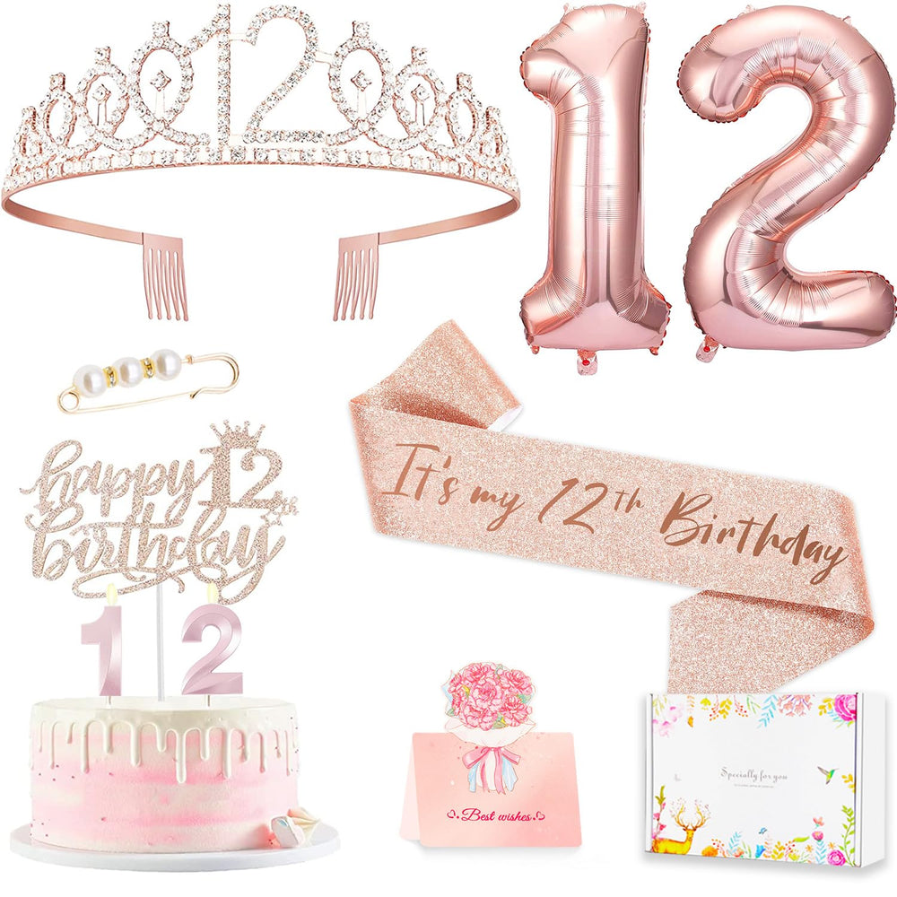 Awfrky rose gold 12th birthday crown with secure combs for stable wear