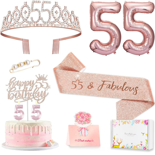Awfrky rose gold crown 55 for an elegant 55th birthday celebration; adds sparkle to photos.