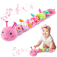AWOTOY Caterpillar musical toy in pink with crinkle textures promotes sensory exploration.