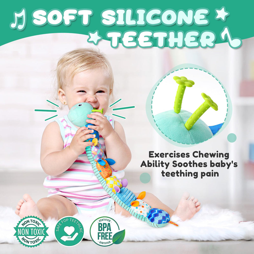 AWOTOY caterpillar toy rattle sound encourages touch and auditory play.