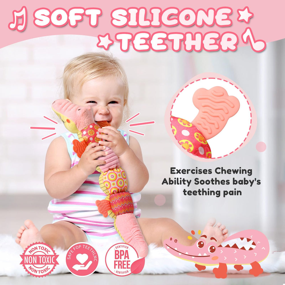 AWOTOY crocodile musical toy pink rattle feature supports early listening.