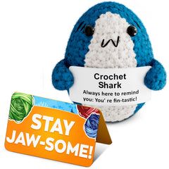 AZZORI crochet shark plushie closeup showing soft yarn and handmade charm