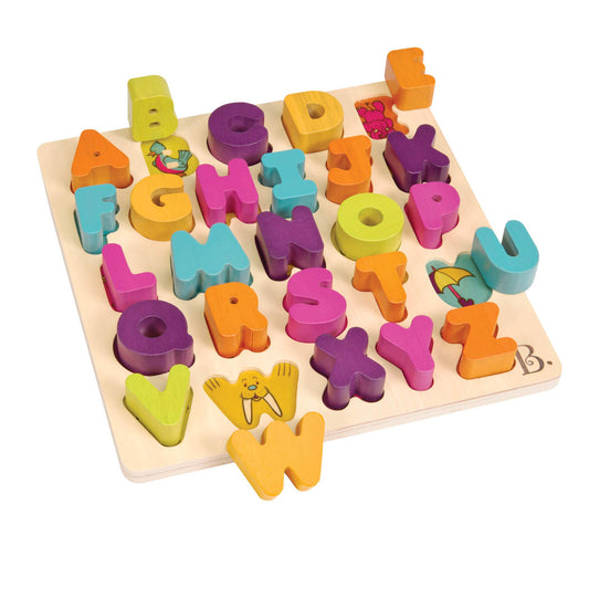 B. toys Alpha B. Tical wooden puzzle with 26 colorful letters promotes early literacy.
