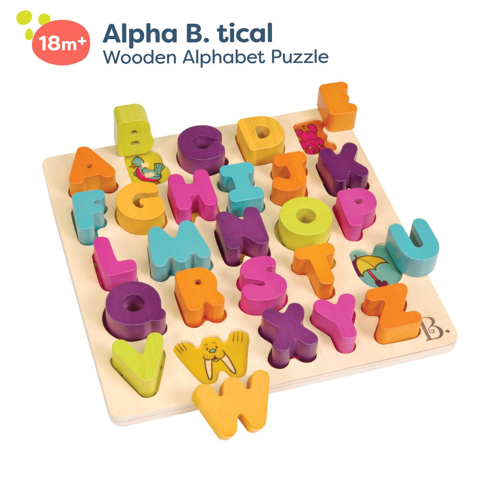 B. toys Alpha B. Tical chunky wooden letters are easy for little hands to grasp.
