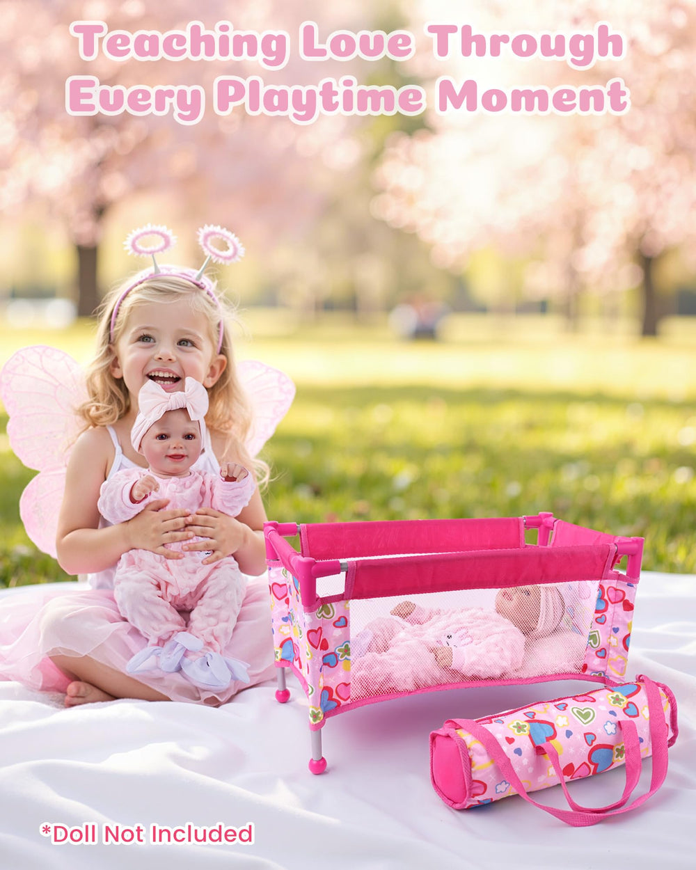 BABESIDE Portable doll crib with storage bag supports travel-friendly pretend play.