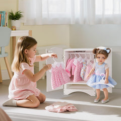 BABESIDE wooden closet with 10 hangers, ideal for tidy pretend-play wardrobes.