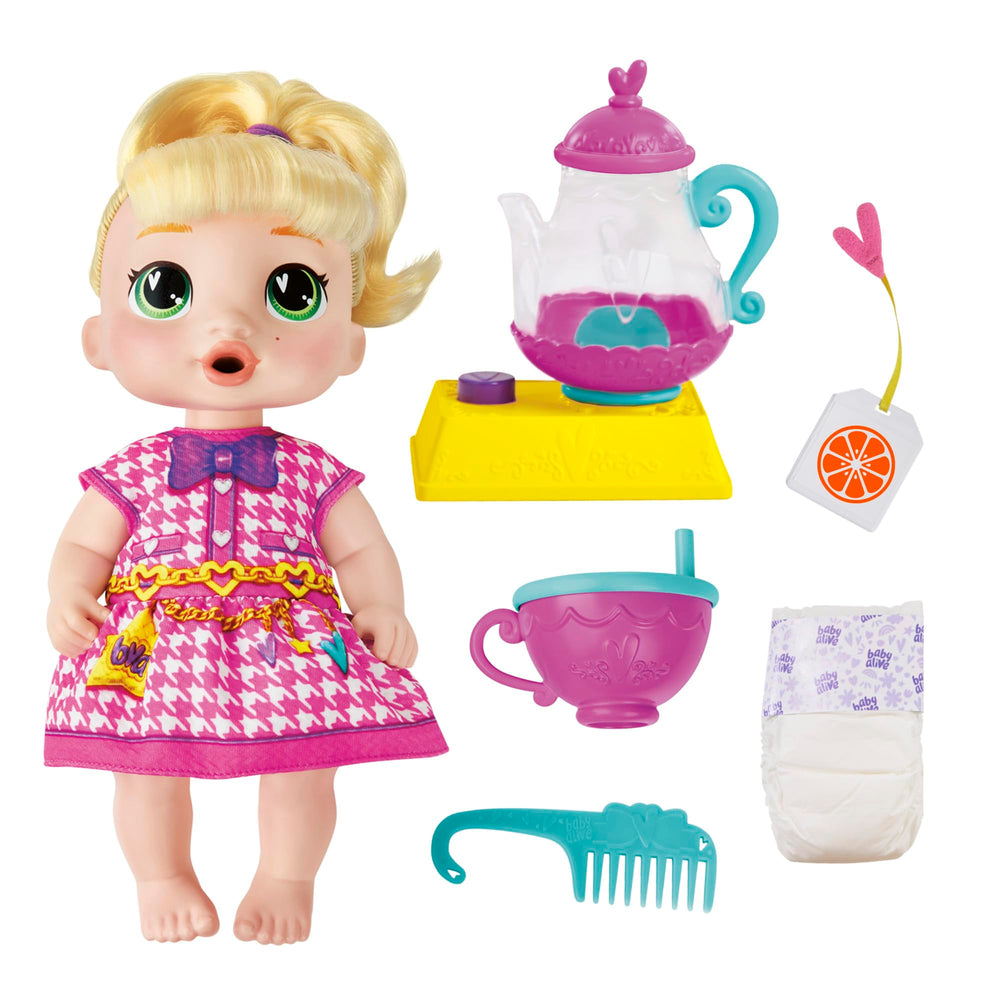 Baby Alive LaLa GooGoo doll with blonde hair, ideal for imaginative tea parties.