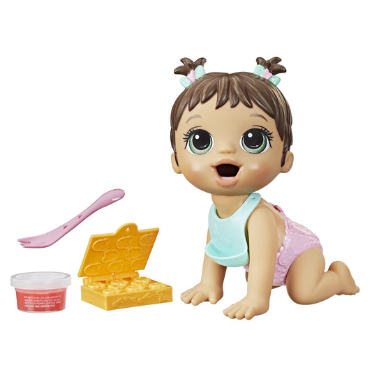 Baby Alive Lil Snacks doll feeding scene with reusable food for pretend meals