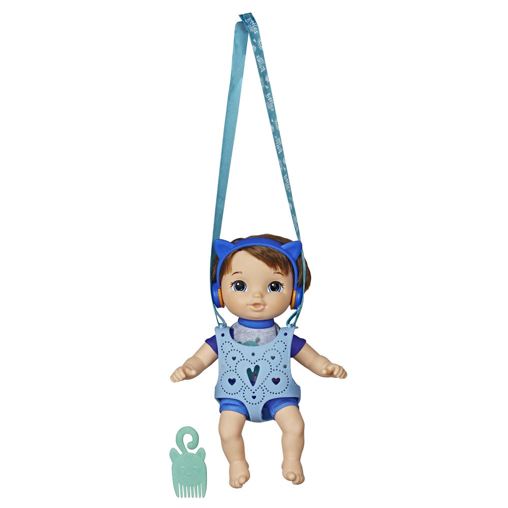 Baby Alive Littles Matteo in carrier for on-the-go imaginative play.
