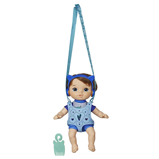 Baby Alive Littles Matteo in carrier for on-the-go imaginative play.