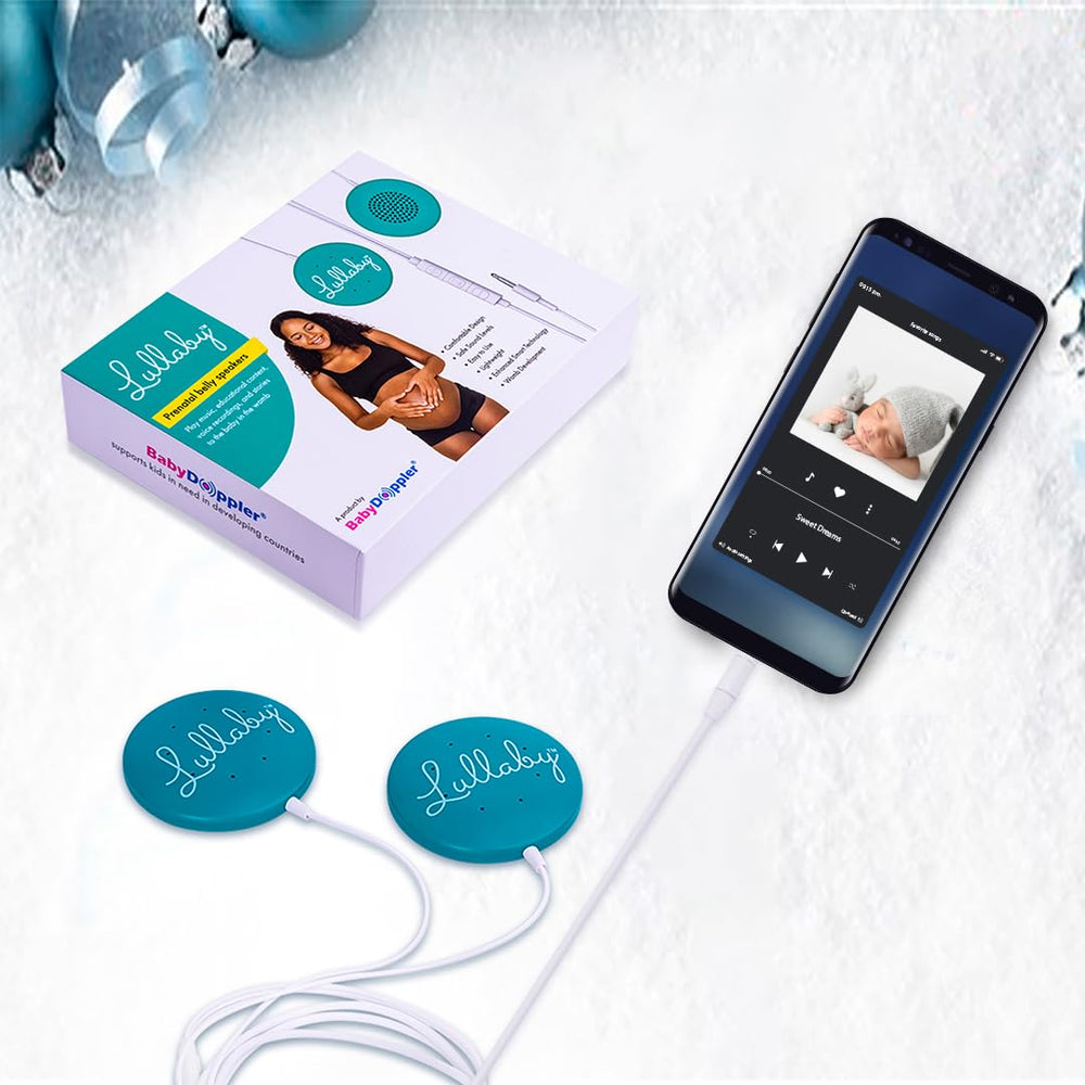 Baby Doppler Lullaby belly speaker in-use in bedroom promotes bonding through soothing sounds.