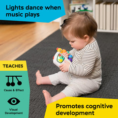 Bright lights sync to each song on the Take Along Tunes toy.