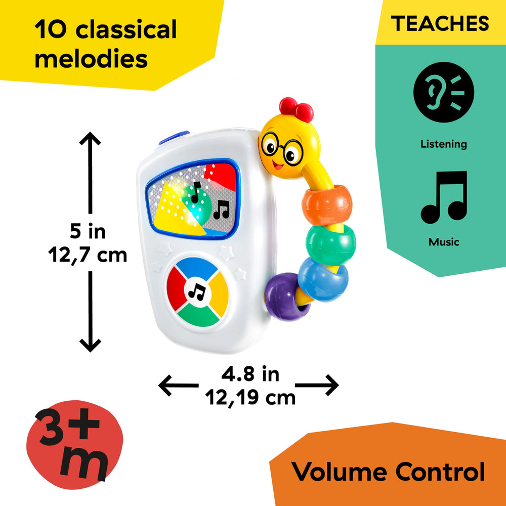 Baby Einstein Take Along Tunes sits securely in little hands with a soft grip handle.