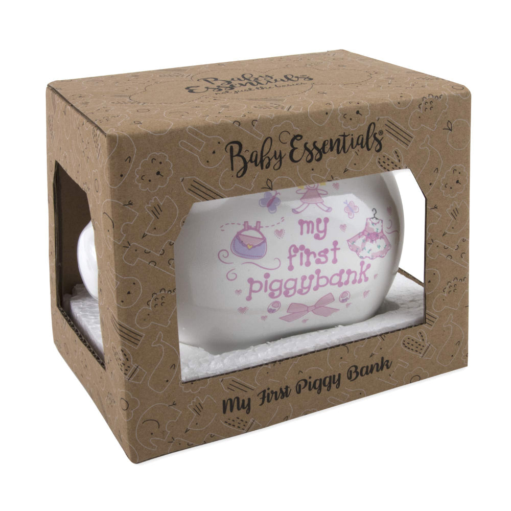 Baby Essentials My First Piggy Bank pink coin-and-bill storage keeps money organized