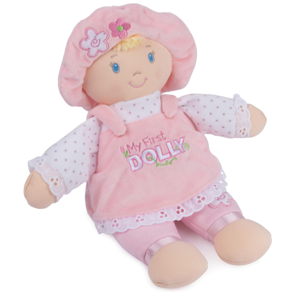My First Dolly pink hat with embroidery adds cute styling and hair-tuft