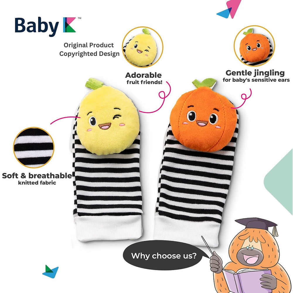 BABY K Pear rattle encourages reaching and shaking for skill practice.