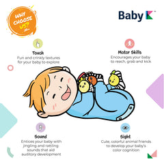 BABY K Wrist rattle on baby's wrist with Velcro for secure fit.