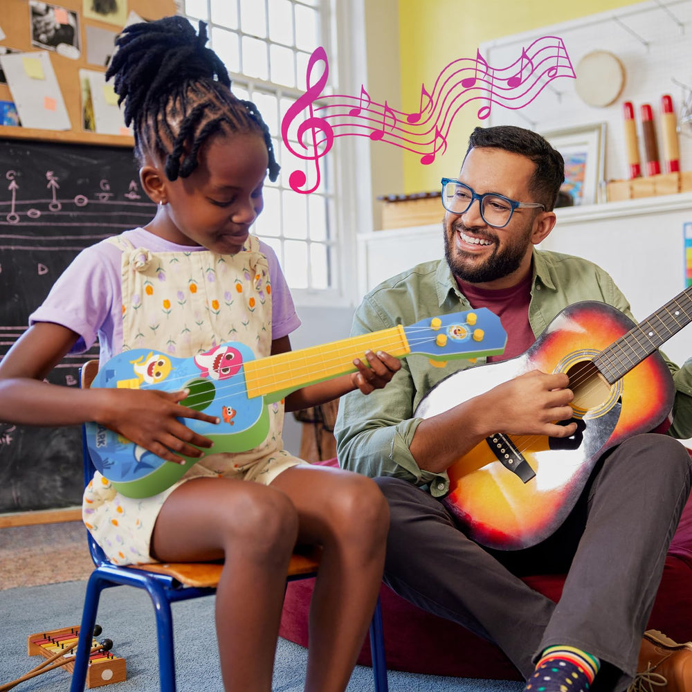 Gift-ready Baby Shark ukulele, perfect for birthdays or holidays.