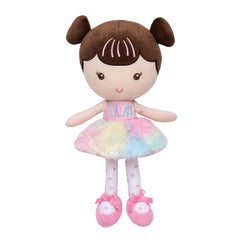 Baby Starters Ellie snuggle buddy in rainbow outfit offering soft, comforting hugs.
