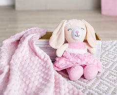Baby Starters Sweet Ella plush bunny features a soft satin-lined skirt for tactile exploration.