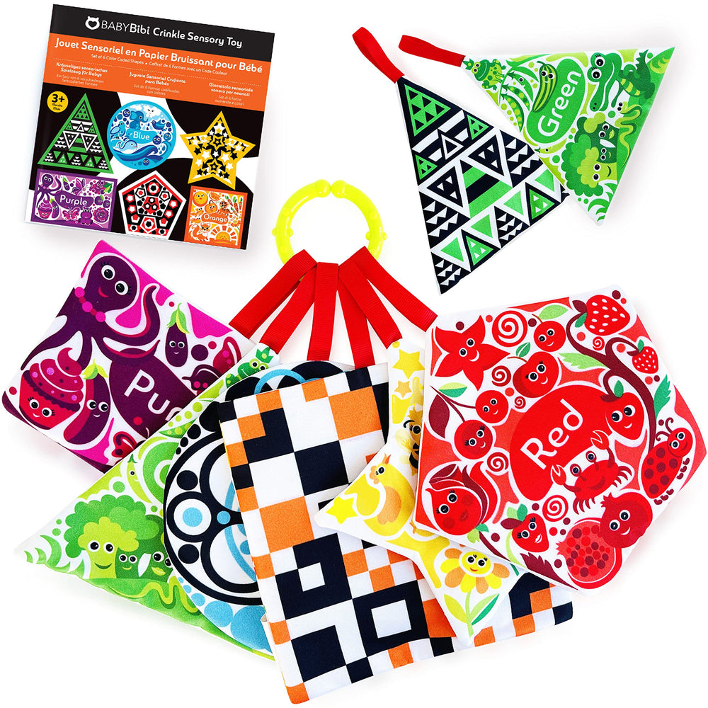 BabyBibi high-contrast crinkle shapes front view to promote visual tracking