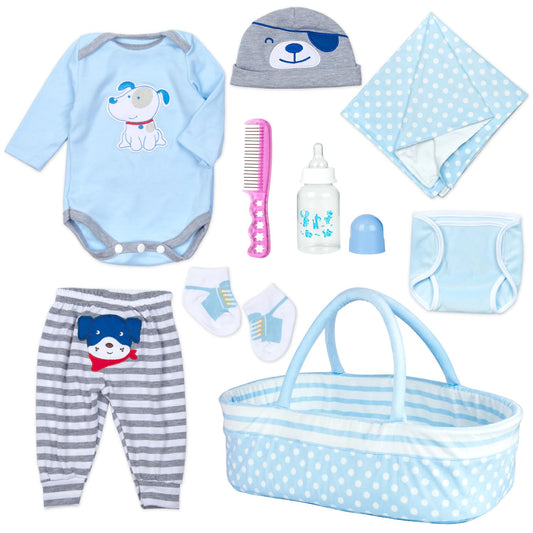 Babyfere reborn doll clothes blue dog basket, safe transport and play
