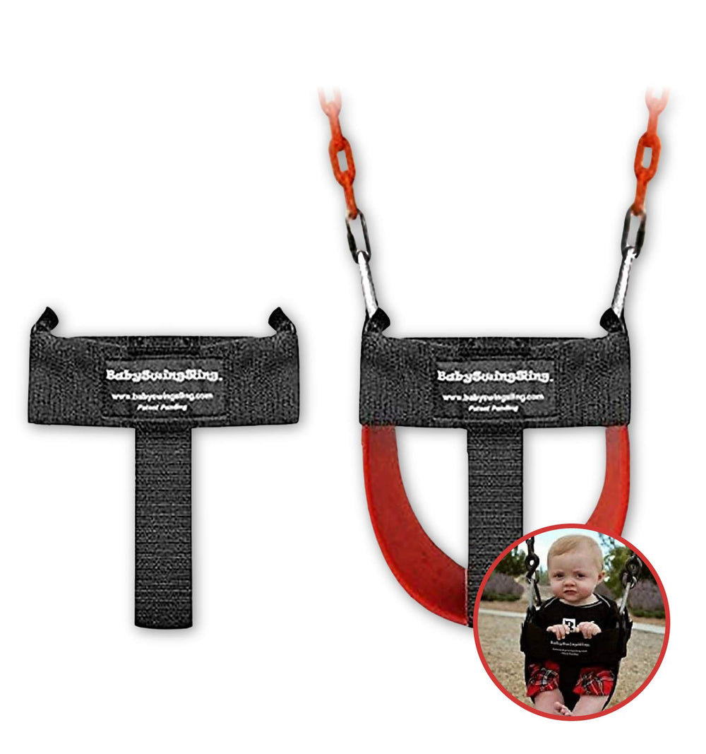 BabySwingSling attachment on a park swing enabling safer toddler seating.