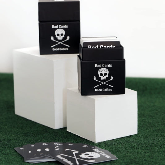 Bad Cards Fore Good Golfers card deck on table for group play and social fun.