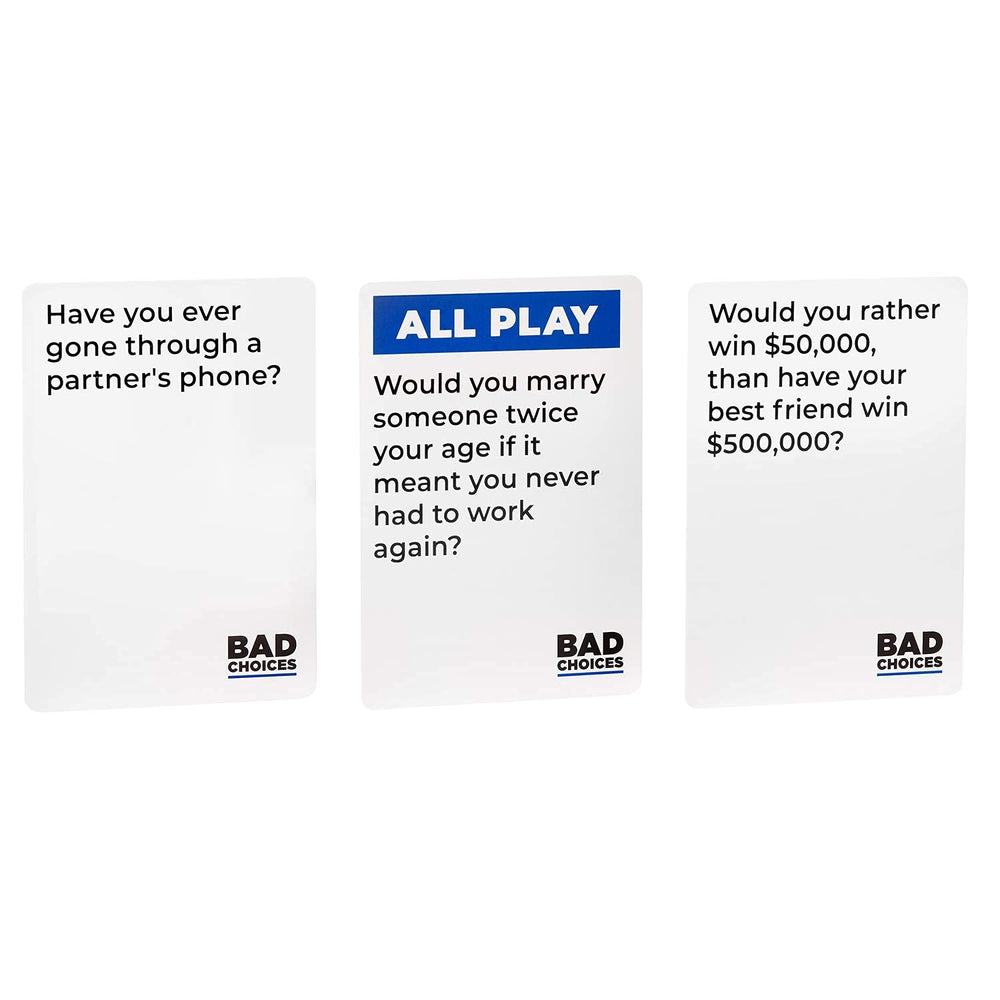 BAD CHOICES example question card reveals bold prompts for conversations