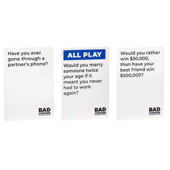 BAD CHOICES example question card reveals bold prompts for conversations