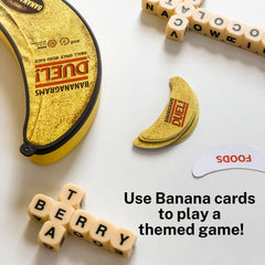 Bananagrams Duel portable travel case demonstrates easy storage.