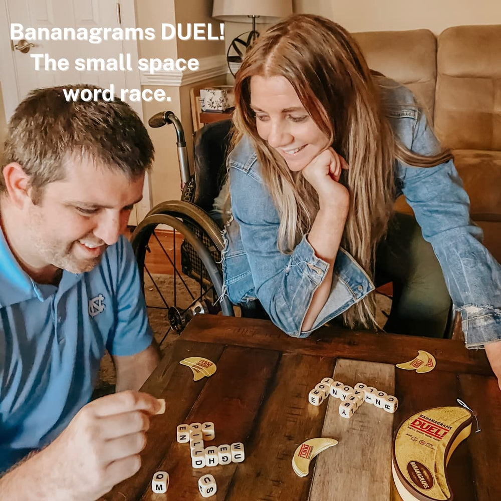 Bananagrams Duel two-player play area highlighting quick setup for fast rounds.