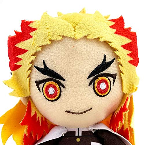 Bandai Demon Slayer Kyojuro Rengoku chibi plush side view—compact desk companion