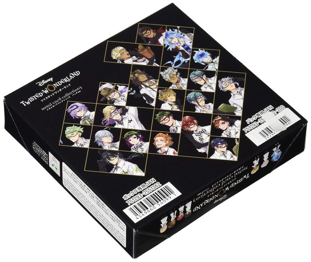 Bandai Disney Twisted Wonderland metal card collection 3-pack cards with sleek finishes for display.