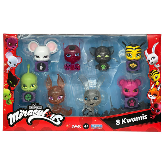 Bandai Miraculous eight-kwamis-pack with Tikki, Plagg, Trixx, Wayzz, Pollen, Nooroo, Fluff, and Duusu for collection and play.