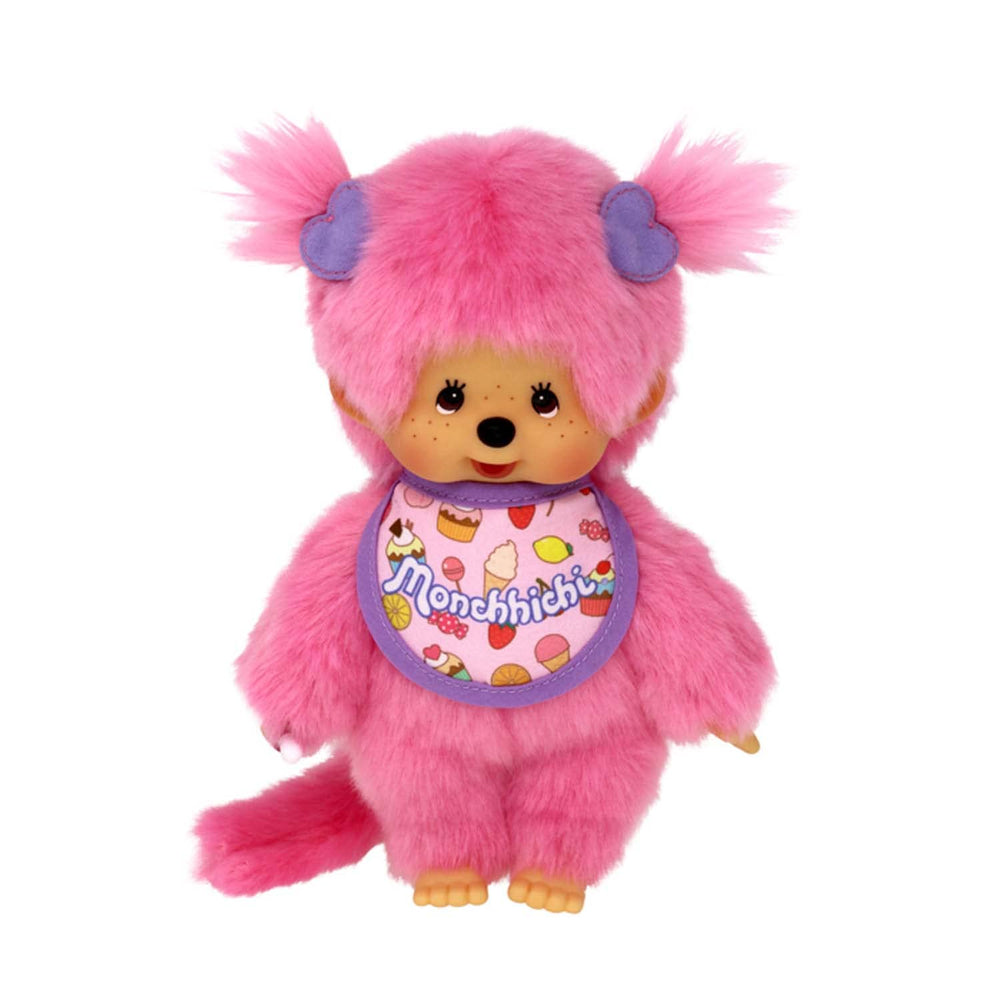 Bandai Monchhichi Frozen Fruits plush with fuchsia fur for soft, comforting cuddles.