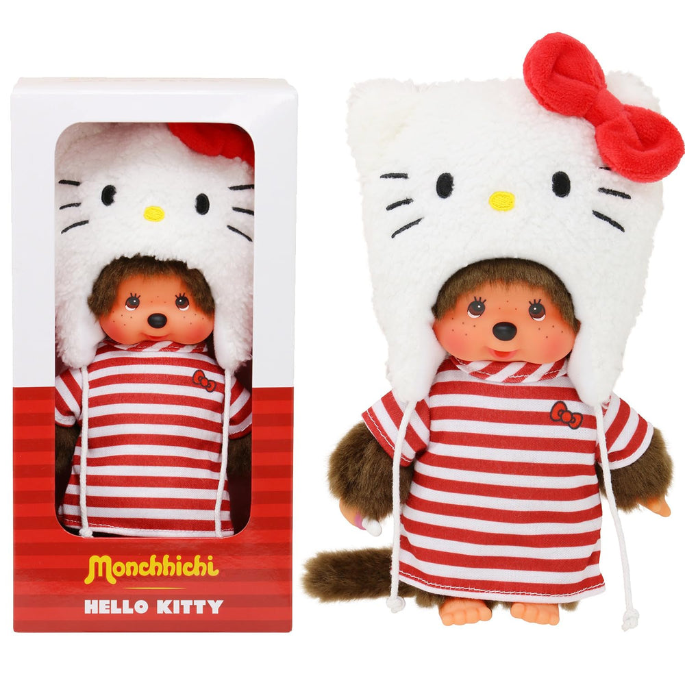Bandai Monchhichi Hello Kitty plush, 20 cm close-up of Hello Kitty hood detail.