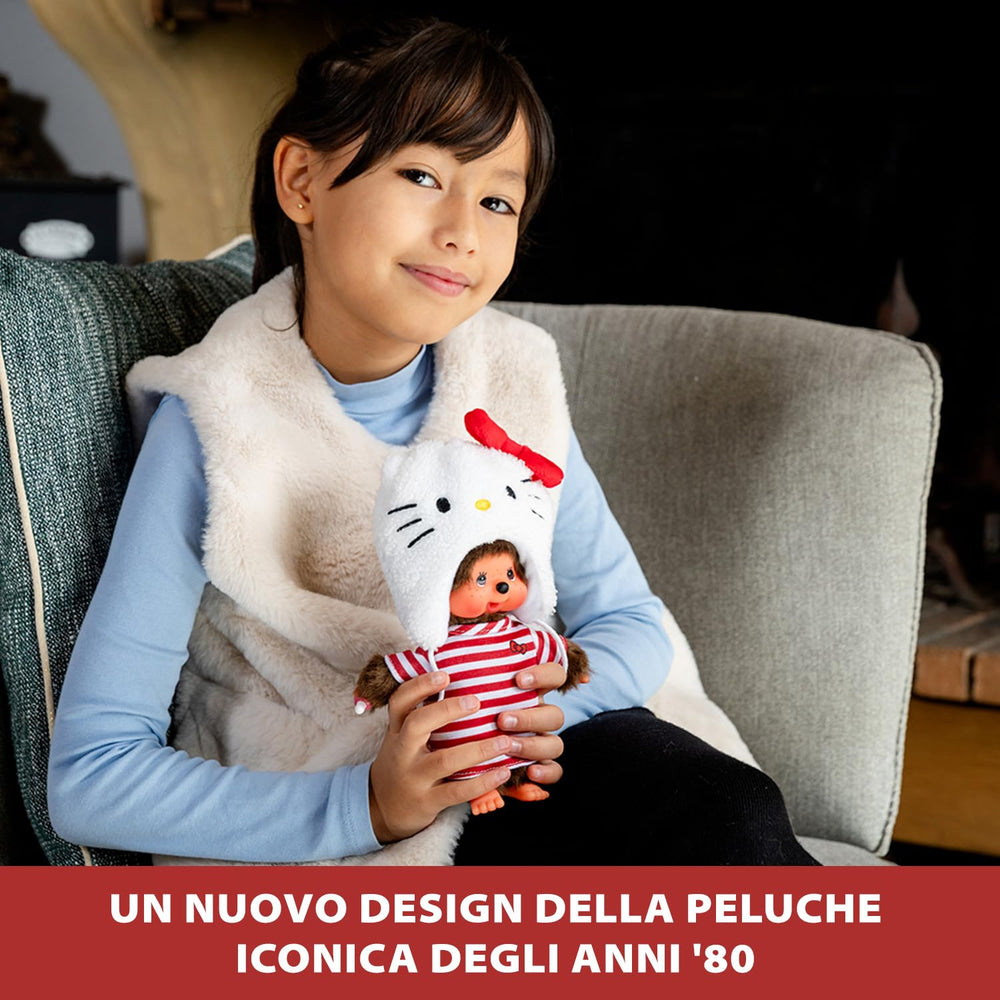 Hello Kitty hood detail on Bandai Monchhichi plush with playful retro design.
