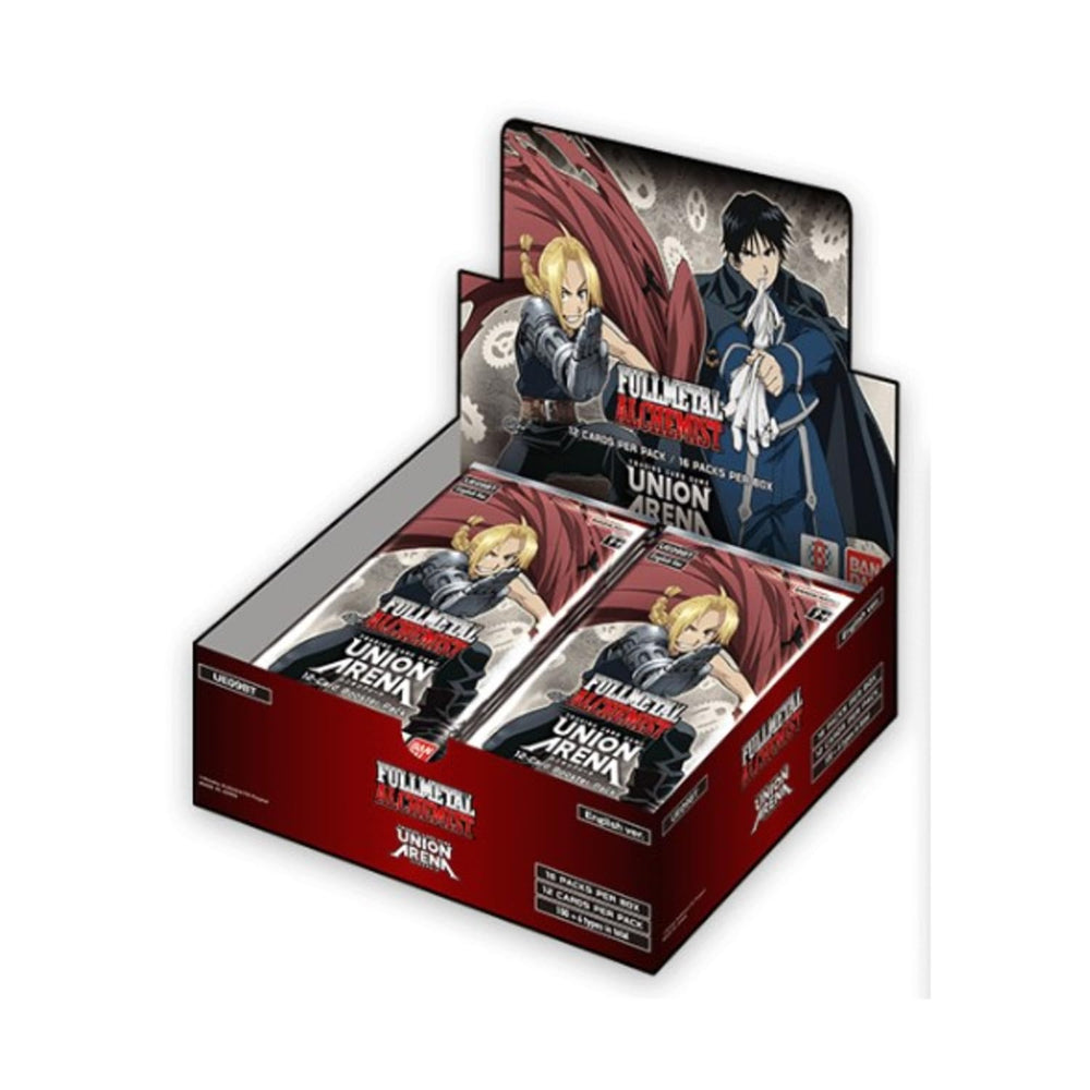 Bandai Union Arena booster display featuring Full Metal Alchemist cards for collection and gameplay