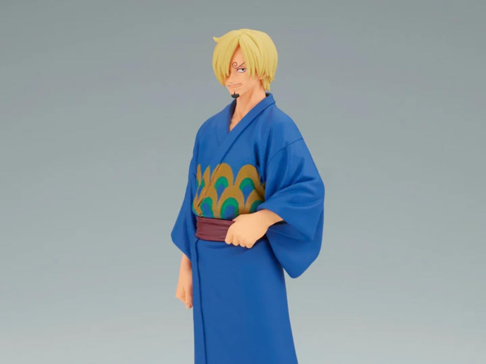 Banpresto Wanokuni Sanji Yukata pose figure enhances display with dynamic pose.