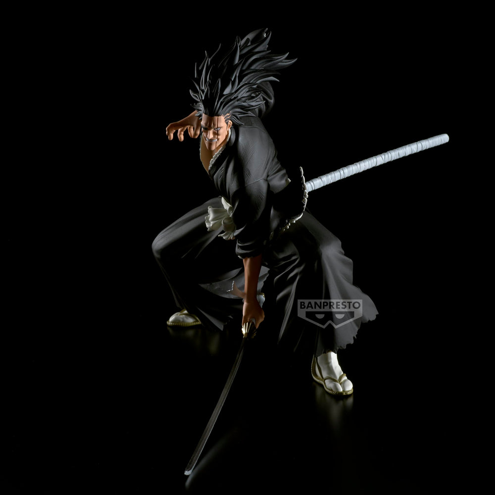 Banpresto Kenpachi Zaraki Vibration Stars figure with stable stand for desk display.
