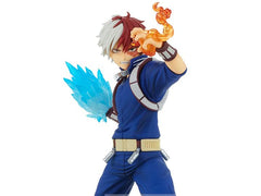 Banpresto MHA Todoroki figure desk display highlighting dual fire and ice vibe.