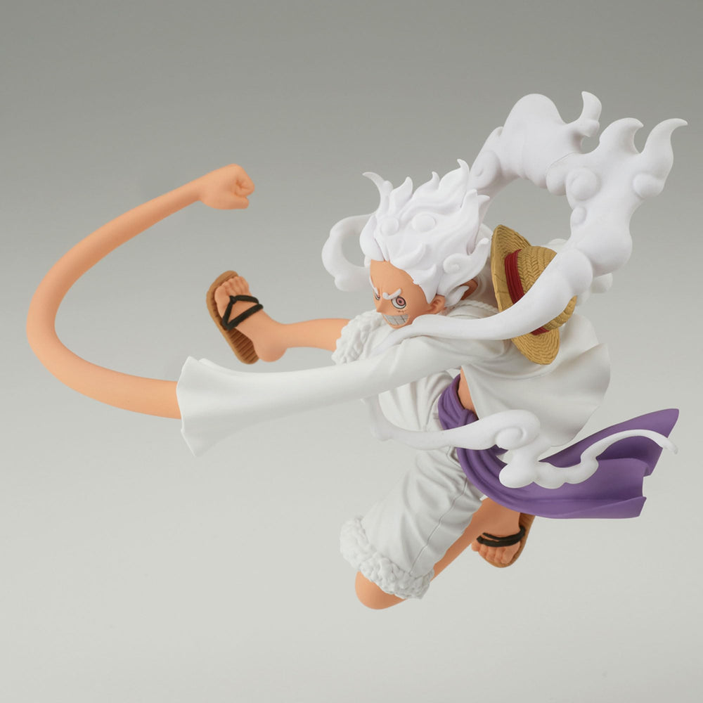 Banpresto One Piece Gear 5 Luffy figure side view enhances shelf display.