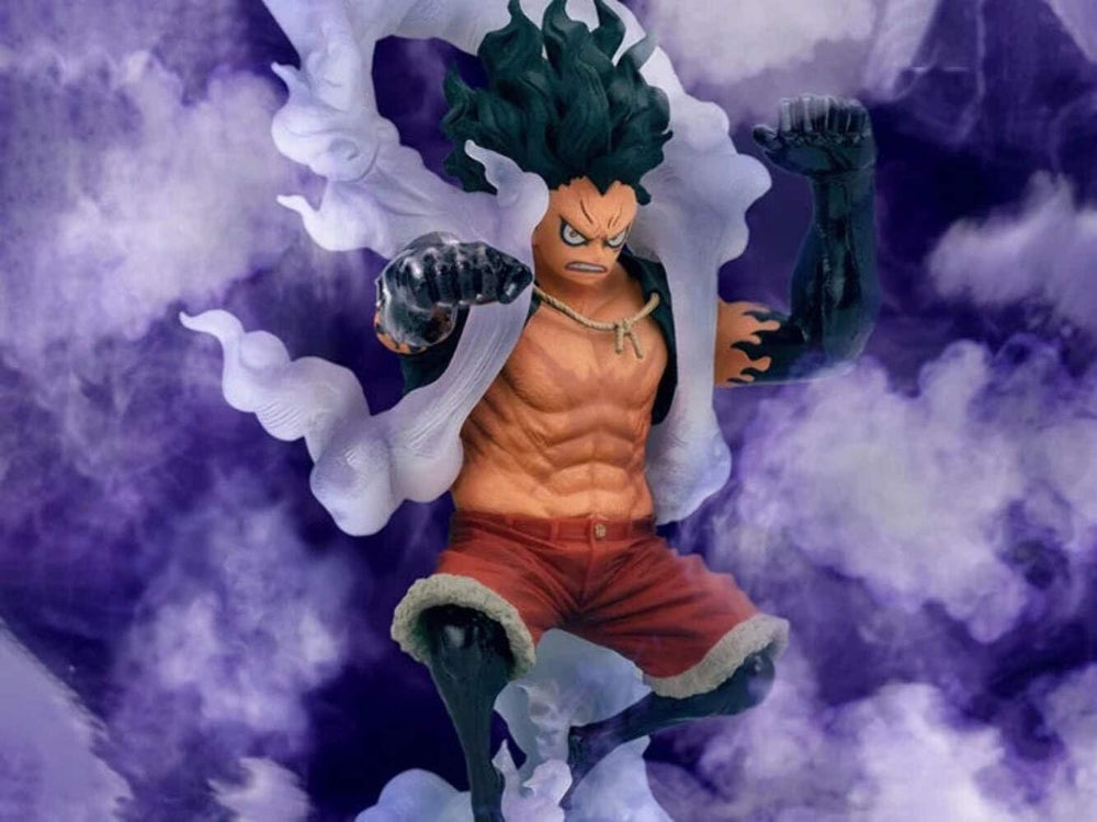 Banpresto One Piece Luffy 5.5-inch height dynamic pose for shelf display.