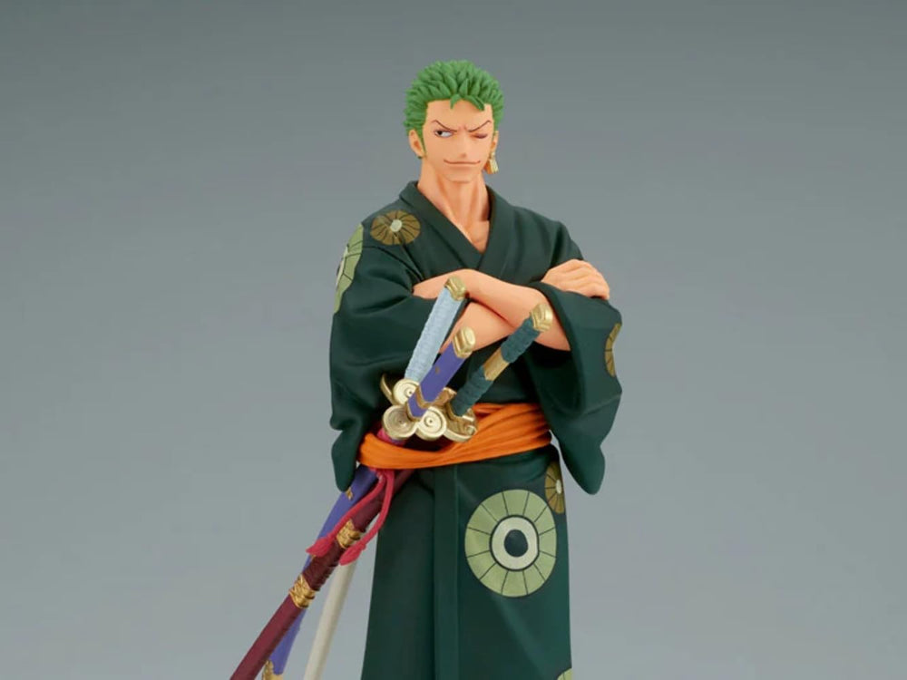 Banpresto Wanokuni Zoro Yukata figure front view, authentic licensed design for shelves.